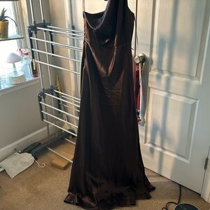Long brown, one shoulder dress with open slit